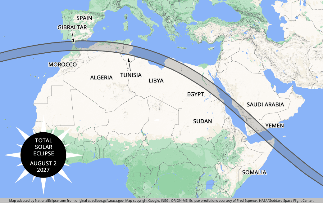 Total Solar Eclipse 2027 - Path across North Africa and Middle East
